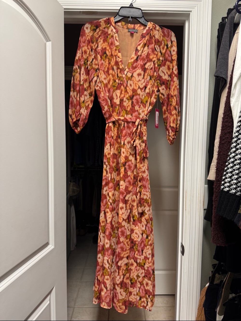 Vince Camuto Rust, Pink and Olive Floral Tie-Waist Maxi Dress